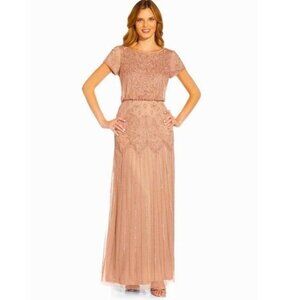 Adrianna Papell Beaded Blouson Short Sleeve Gown Dress Rose Pink SZ 8